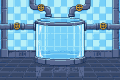 A glass reserve tank fed by four pipes